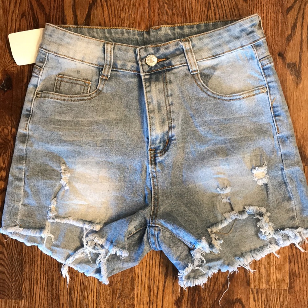 Distressed High Rise Denim Shorts